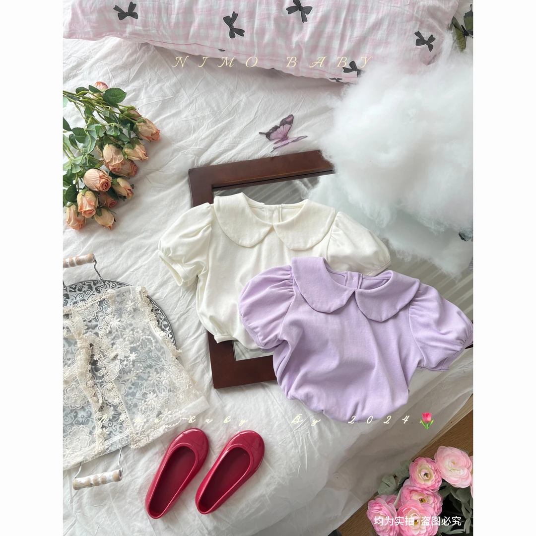 NEMO【芋芋】韩版夏款女宝宝洋气纯色娃娃领弹力甜美泡泡袖上衣T恤