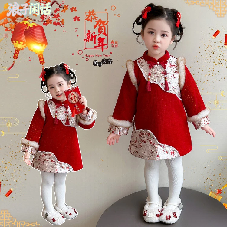 新款冬季女童酒红色新年唐装连衣裙宝宝拜年服喜庆过年礼服儿童