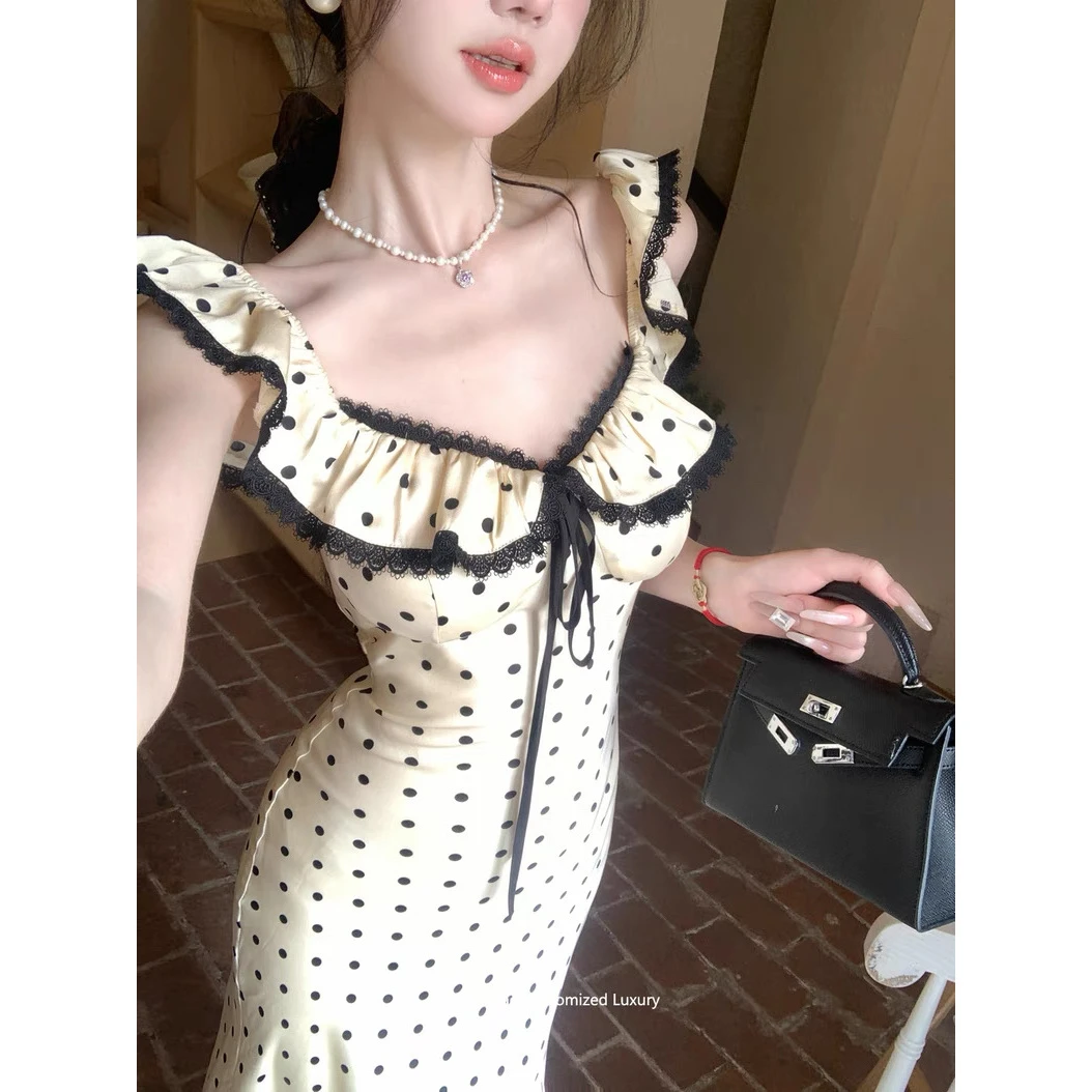 纯欲法式气质波点连衣裙女夏季新款小众设计感无袖包臀鱼尾长裙子