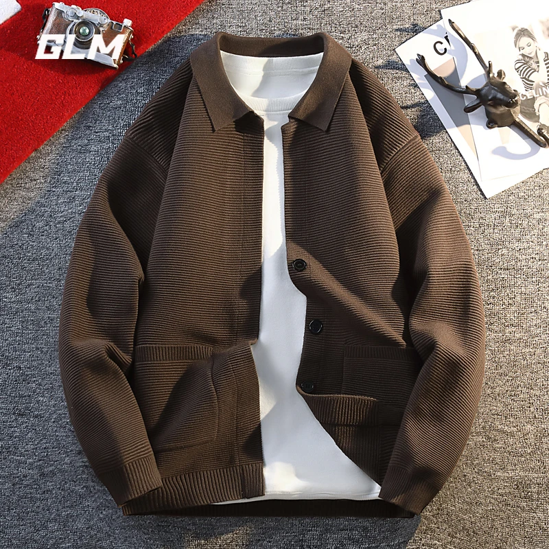 GLM开衫毛衣男士春秋季新款纯色简约针织衫休闲复古百搭翻领外套