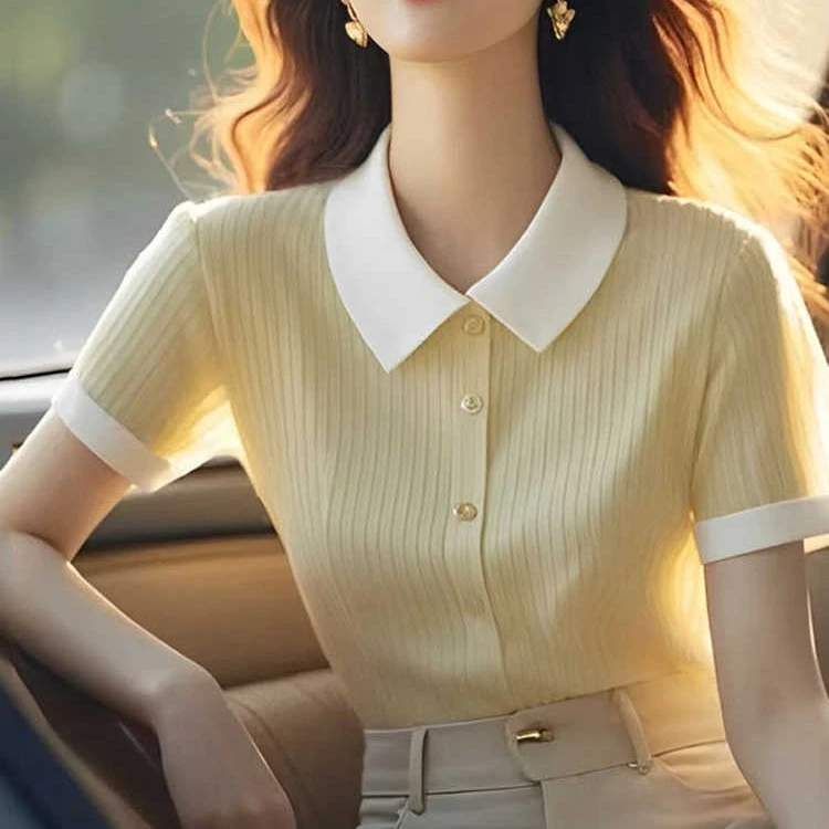 优雅气质流行漂亮上衣夏季新品翻领短袖拼色坑条薄款百搭针织开…