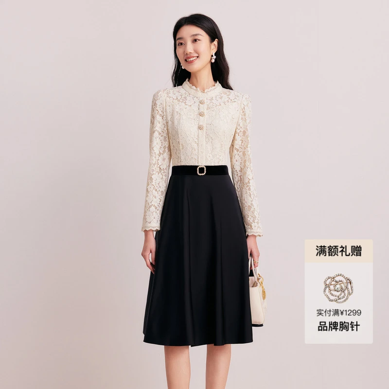 Koradior珂莱蒂尔秋新款重工蕾丝拼接气质优雅假两件连衣裙女