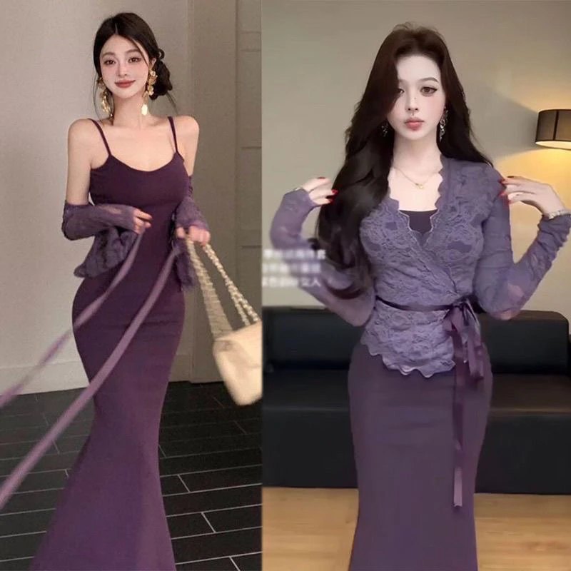 法式显瘦连衣裙夏季新款修身气质吊带包臀时尚套装紫色