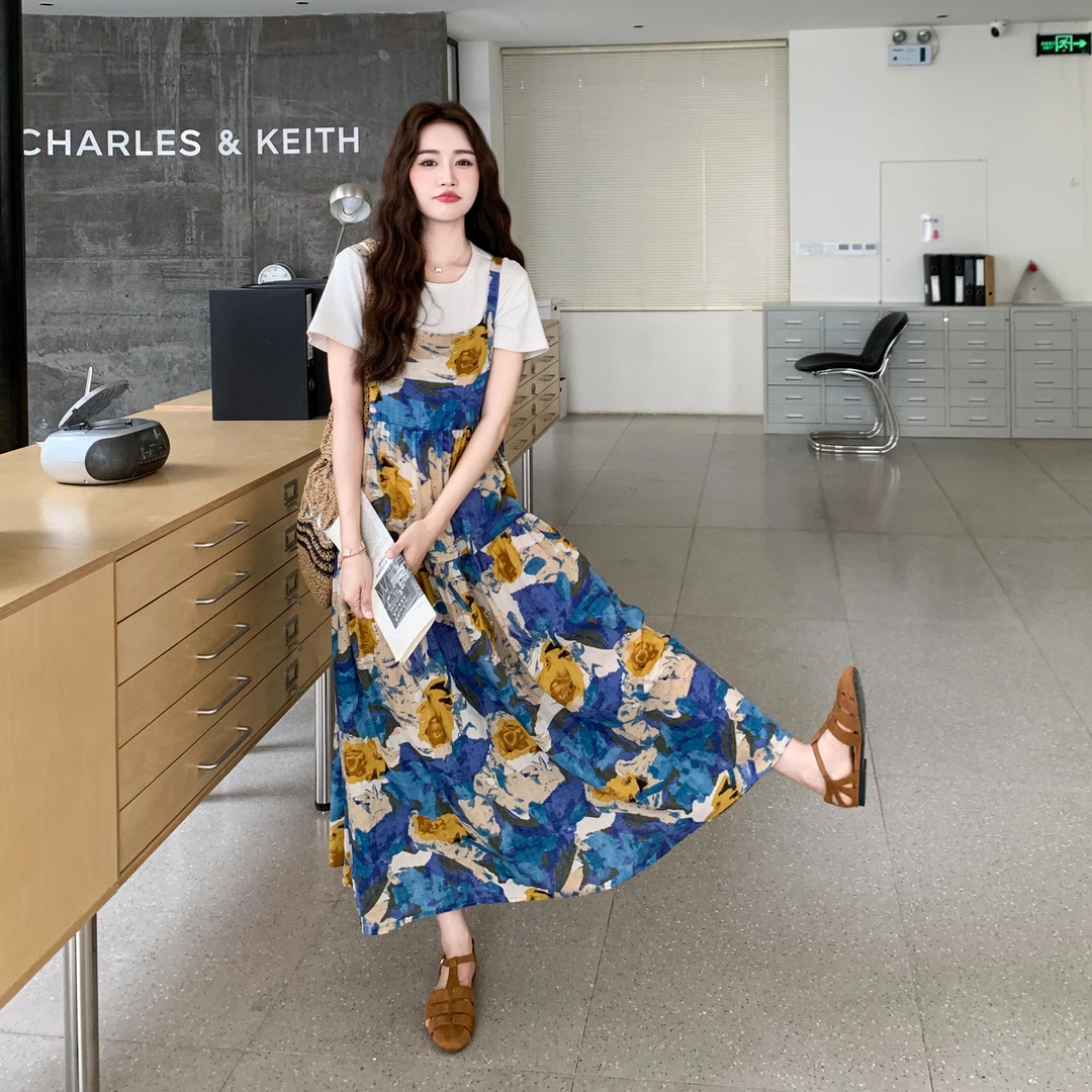 韩系ootd减龄穿搭一整套女2025夏季新款白色短袖油画吊带裙两件套