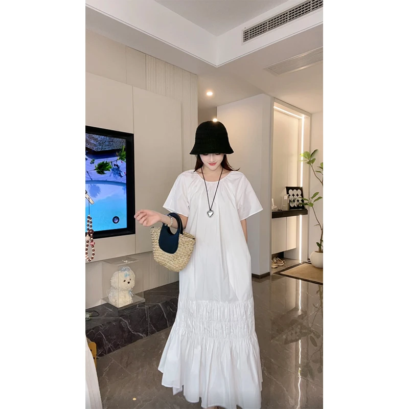 水洗棉 夏季新款设计感圆领短袖连衣裙女 宽松显瘦大裙摆长裙