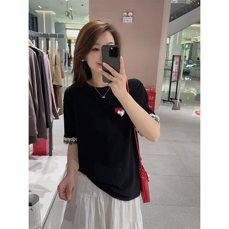 小众蕾丝拼接简约短袖t恤女装2025新款时尚百搭黑色上衣体恤夏季