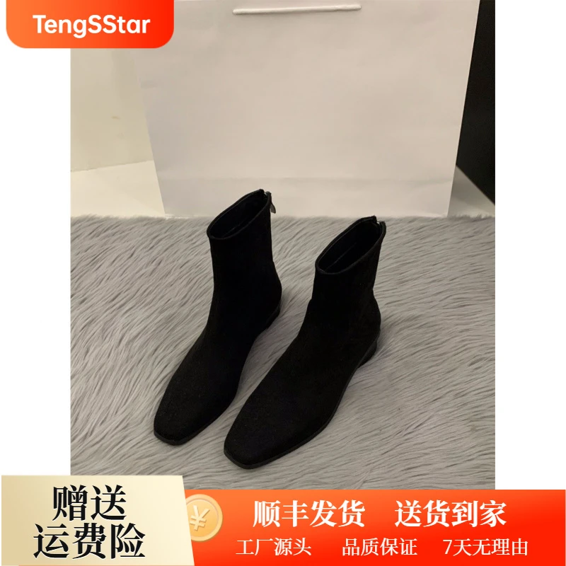 【万达撤柜】粗跟绒面韩系小踝靴女鞋2024新款秋冬季百搭方头瘦瘦靴