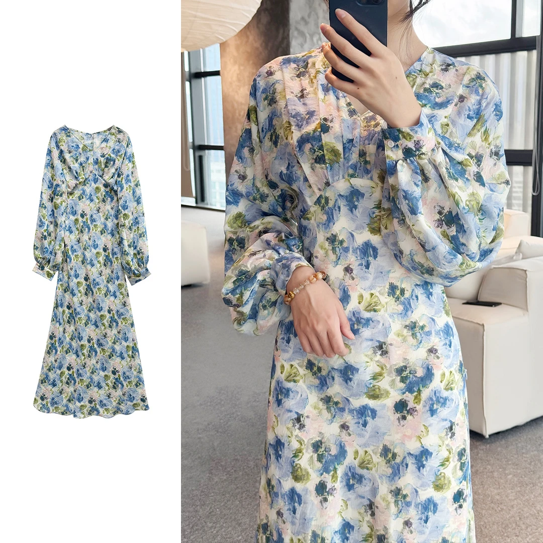 【多巴胺彩绘】灯笼袖桑蚕丝连衣裙TX05QZ2030