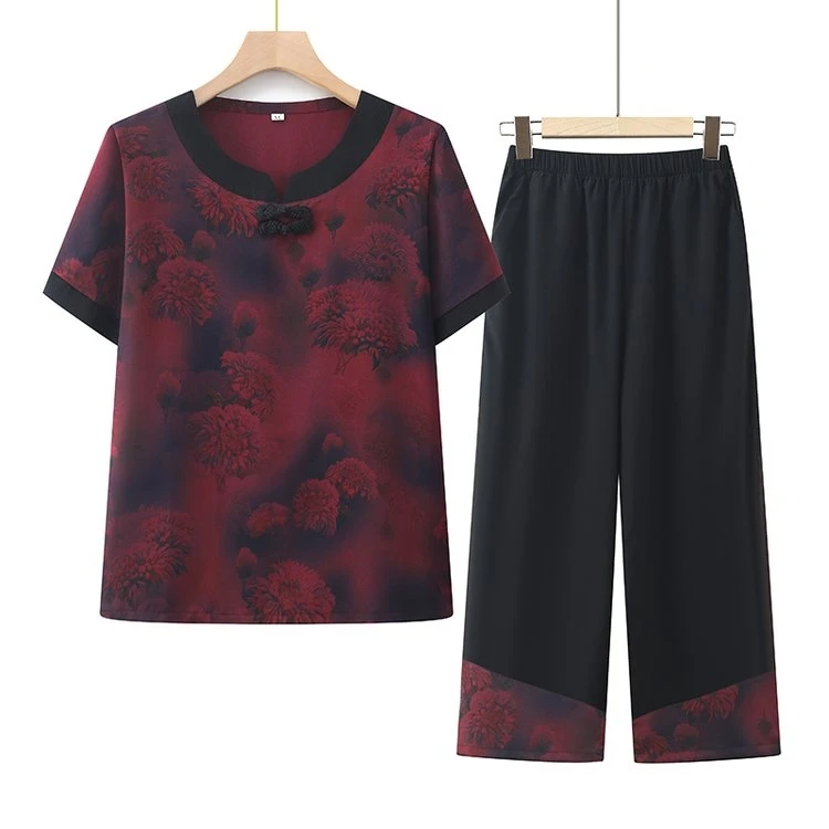 夏季薄款常规宽松圆领中国风中老年植物花卉时尚休闲中年女装