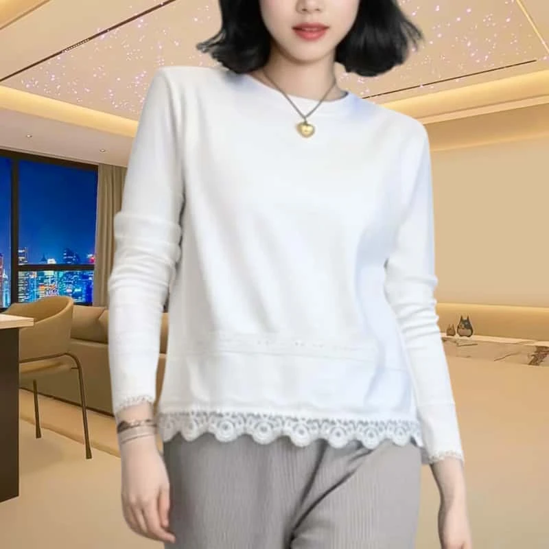 春季宽松韩系蕾丝衫长袖T恤女新款时尚洋气圆领休闲百搭大码卫衣