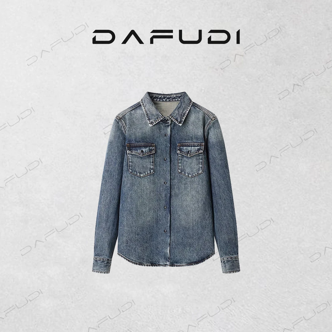 达芙笛【M】商场同款牛仔衬衫2025年春重工洗磨翻领复古衬衫女1071