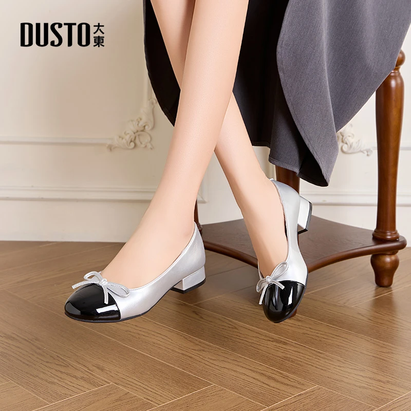 大东女鞋2025年秋季新款低跟单鞋蝴蝶结拼色温柔风百搭小皮鞋0608