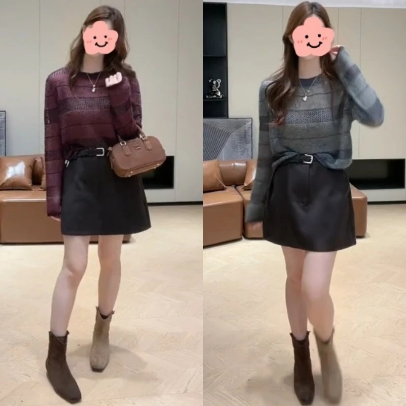 韩系简约条纹撞色针织长袖上衣+百搭显瘦裤裙LK2506188