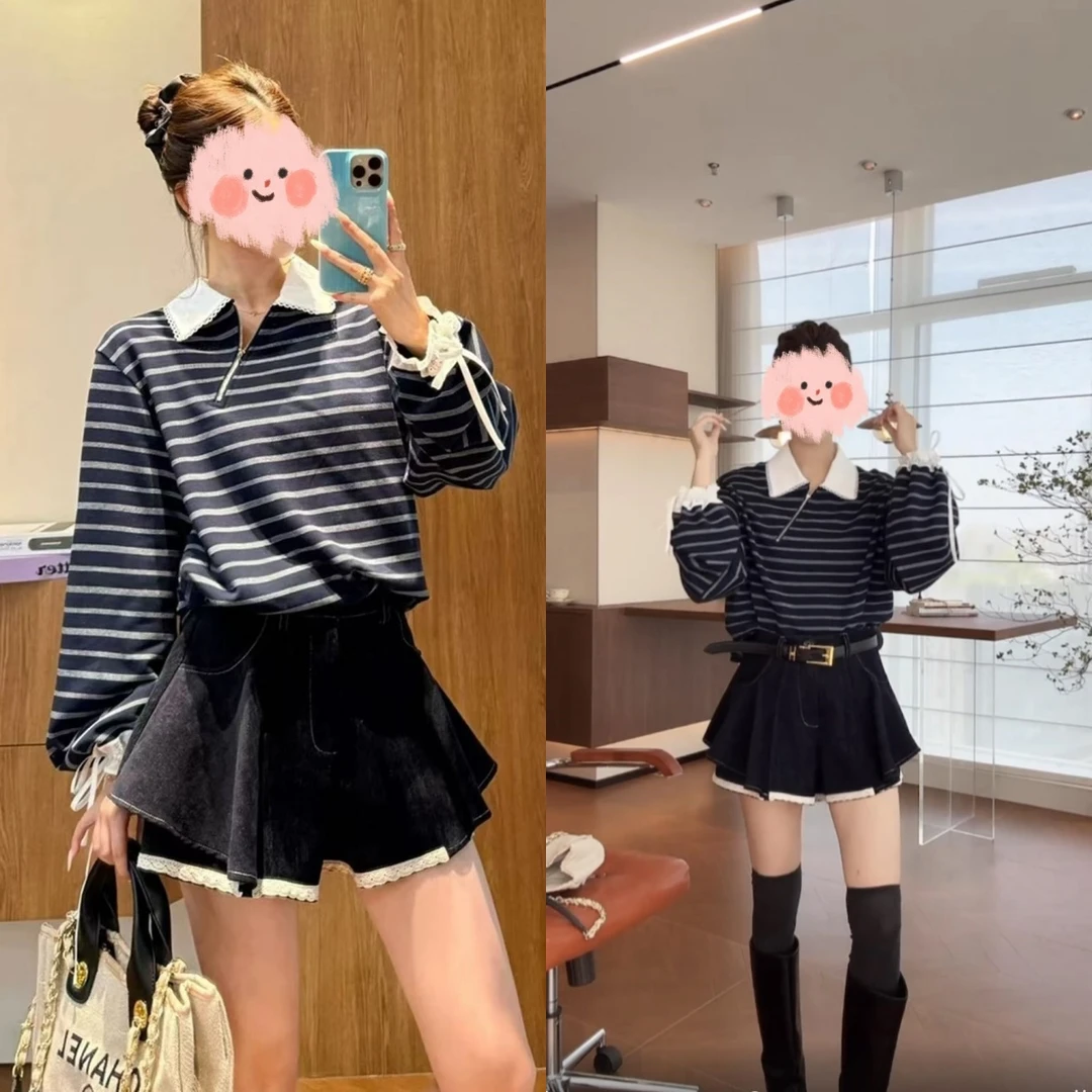 2025新高智秀场小众设计POLO领条纹上衣+高腰下摆拼蕾丝花边裙裤