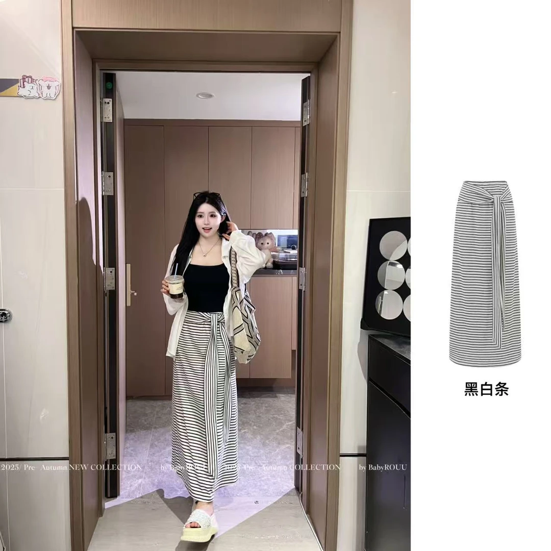 【现货】【简素线构】温与柔松弛简约百搭不规则条纹绑带气质显瘦半裙