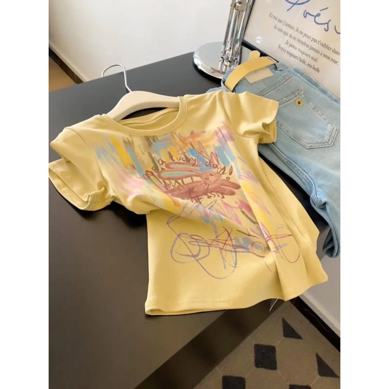 韩系设计感水彩兔子正肩短袖T恤女2025夏季新款黄色显白小众上衣