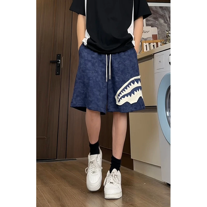 藏青色贴布鲨鱼嘴短裤男夏季美式重磅运动五分裤水洗扎染四分中裤