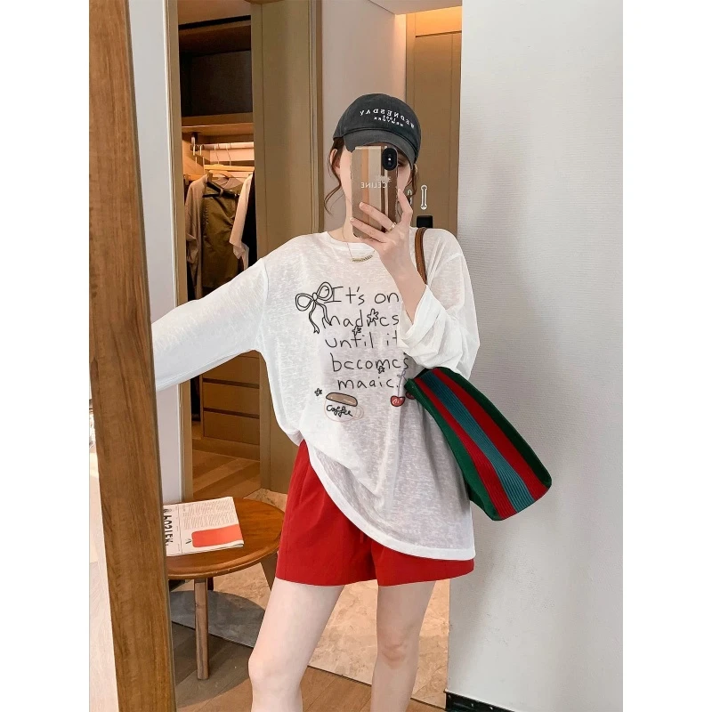 设计感雪花棉长袖t恤女高级感宽松防晒衣上衣白色2025新款夏秋季