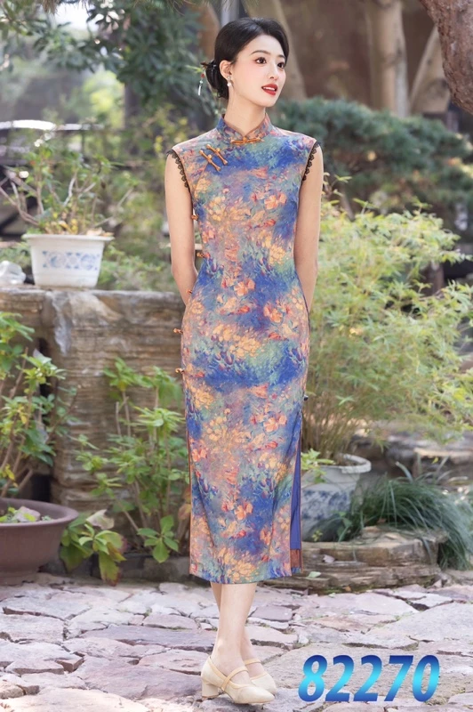 优雅长旗袍中国风中式复古风长裙夏季显瘦春夏日常无袖旗袍