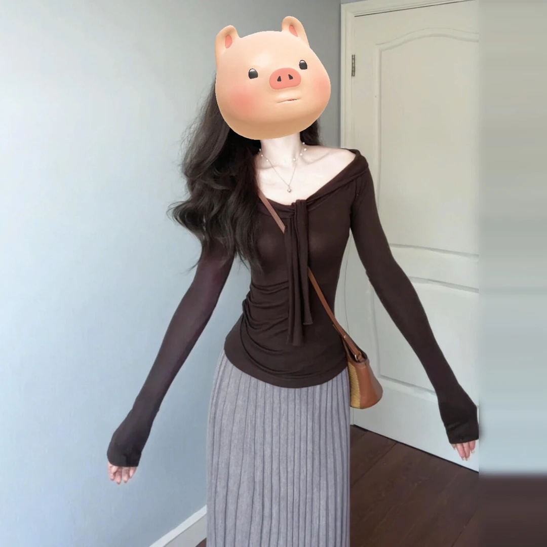 一字肩绑带针织长袖连衣裙子女早秋2025新款收腰显瘦洋气长裙套装