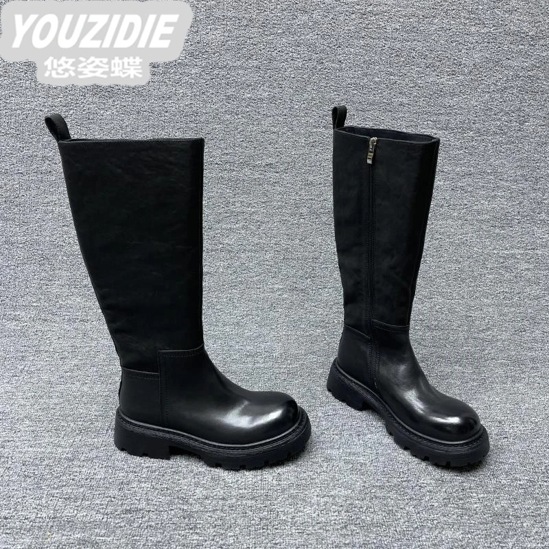 欧洲站百搭2025秋季新款欧货轻奢马皮侧拉链粗跟高筒长靴过膝靴女