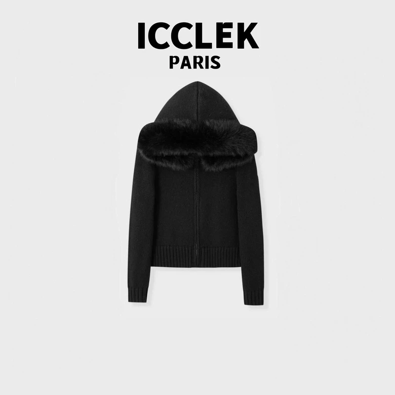 【现货】ICCLEK 连帽毛茸茸长袖针织衫 气质 轻奢 名媛 -3568