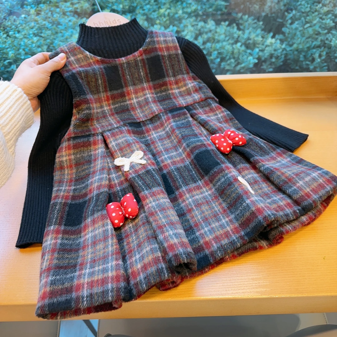 【与蝶共舞】韩妈订制低奢复古呢料格纹加绒百褶背心裙FQZ522