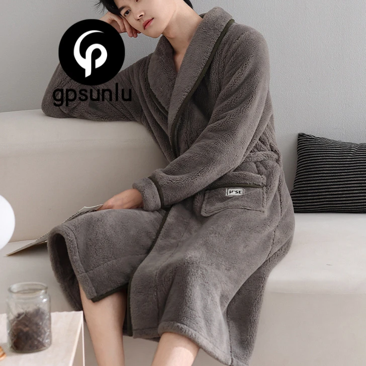 gpsunlu高端男士睡袍晨袍法兰绒保暖秋冬季宽松浴袍休闲家居服