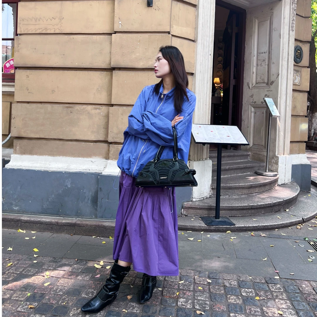 春夏新款蓝紫色轻薄长袖拉链抽绳外套