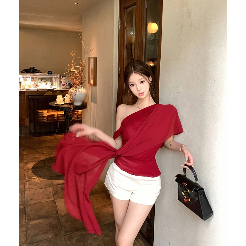 【法式浪漫】多种穿法醋酸针织衫露肩飘带装饰上衣+高腰显瘦短裤女