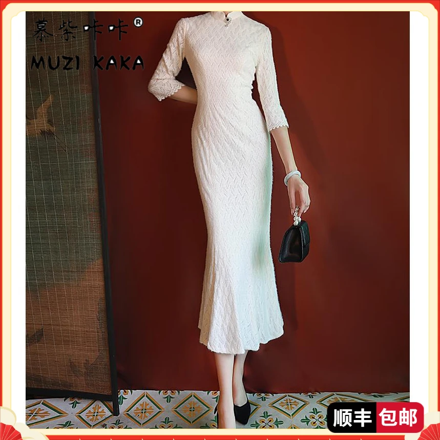 意大利MZKK白色旗袍2025年新款女改良秋冬高端气质年轻款长款复古