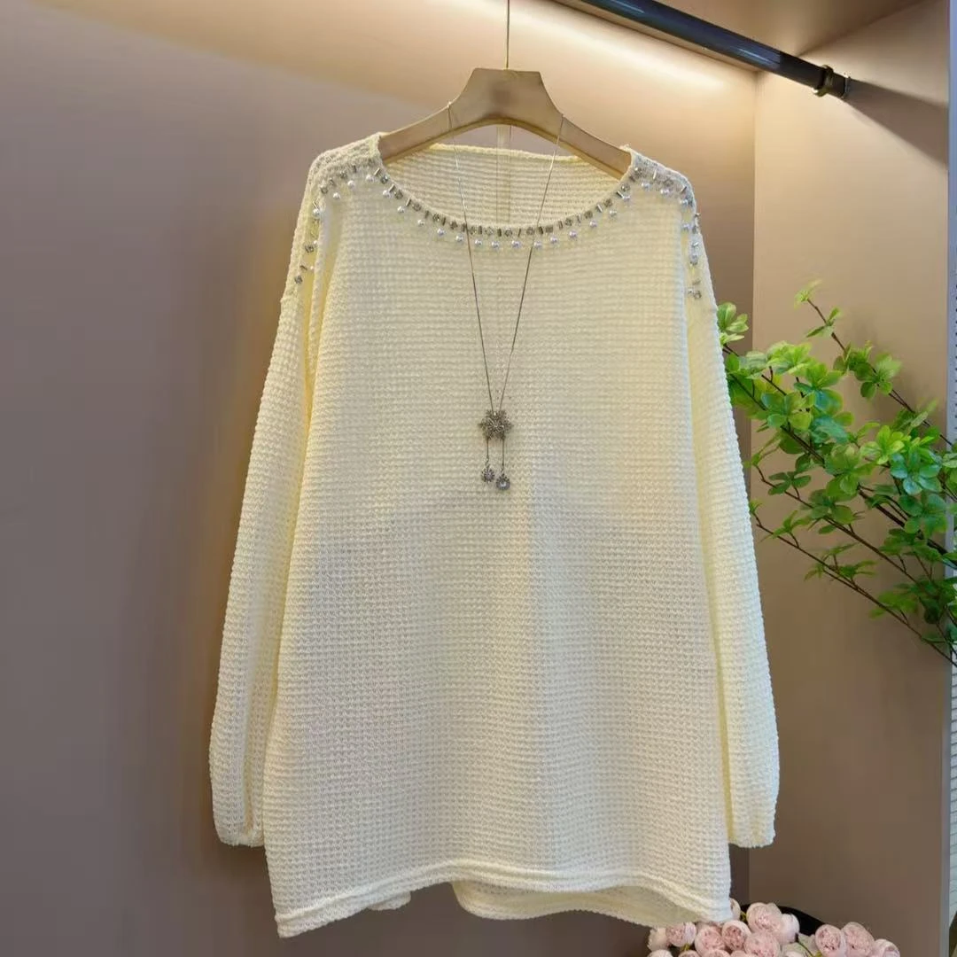 欧洲站秋季新款设计感重工圆领款洋气针织上衣（长82左右）