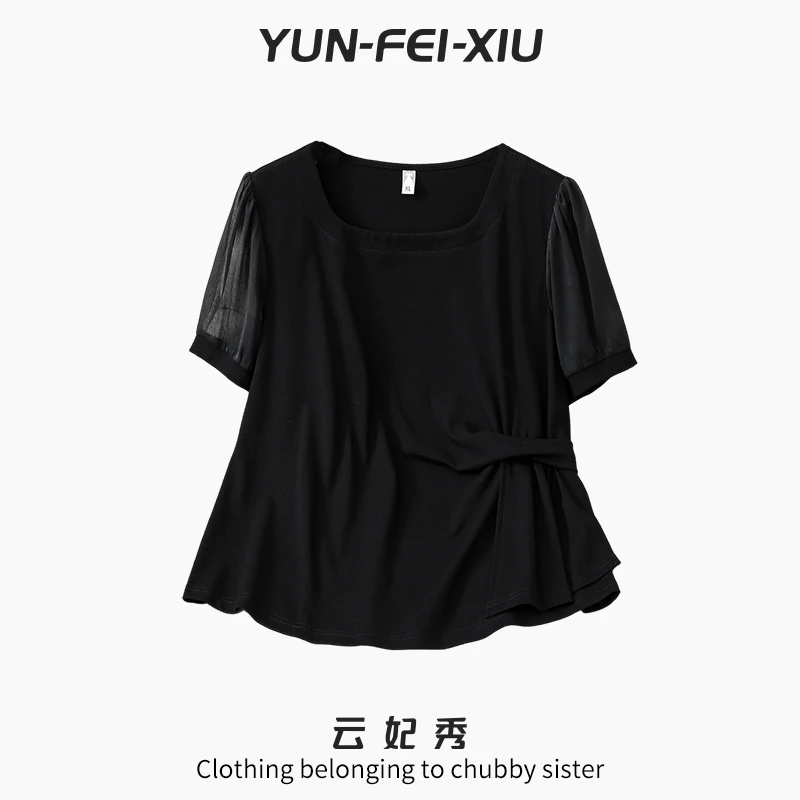 云妃秀大码女装T恤休闲胖mm韩版宽松显瘦纯色洋气夏季21396