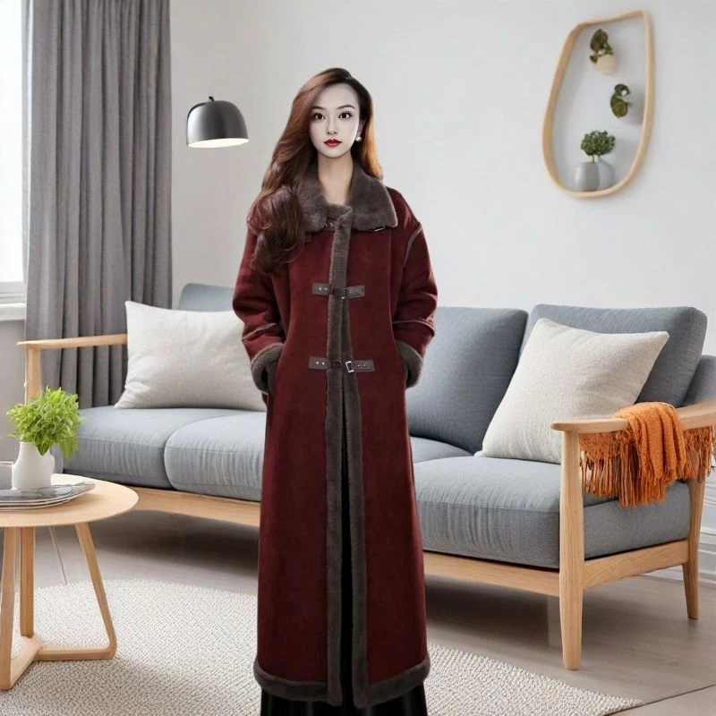 皮毛大衣一体时尚加绒保暖2024冬季长款新款加厚显瘦外套