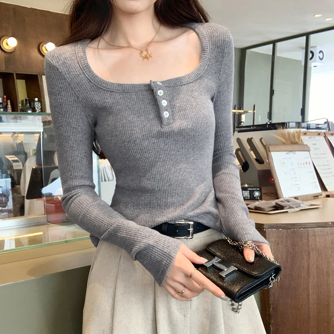 巨好看轻熟灰色荡领长袖针织衫女早秋2025新款内搭打底单穿小上衣