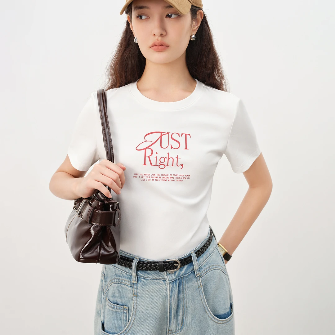 自巧小个子女装穿搭休闲百搭简约印花正肩圆领短款T恤  25ZQ92367