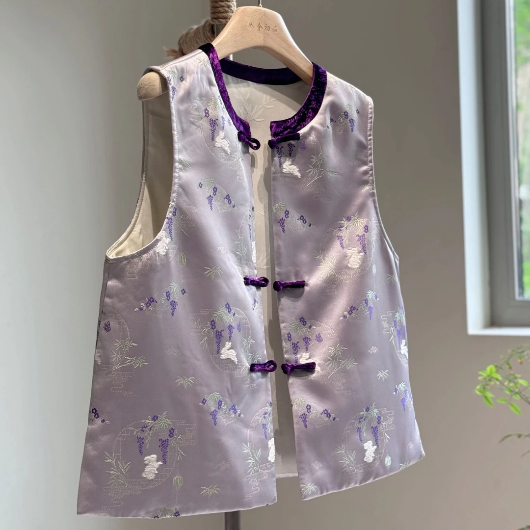 2025新款早秋季小个子马夹上衣新中式轻国风花色提花马甲外套女款