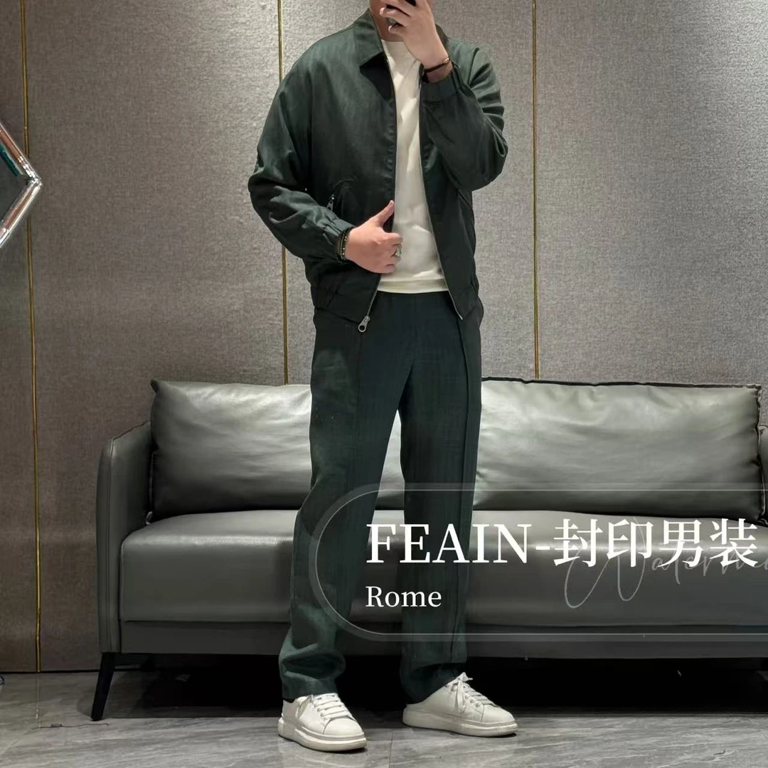 【进口亚麻】高端男士L*P方向绵羊皮拼接人字纹纹理休闲套装8556