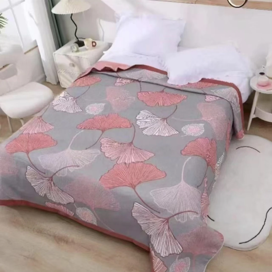 银杏叶粉2*2.3米纯棉床盖透气纱布毯双面可用可铺可盖色织提花