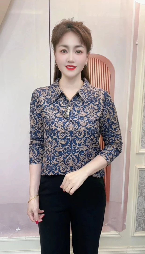 2025秋装新款长袖打底衫妈妈装洋气上衣翻领显瘦百搭XC-20