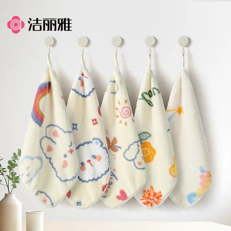洁丽雅擦手巾可挂式儿童可爱萌趣印花小方巾家用吸水速干柔软毛巾
