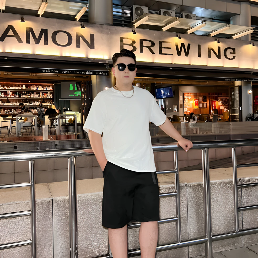 夏季纯色立体浮雕短袖T恤男超大码自带腰带宽松五分短裤HT25147