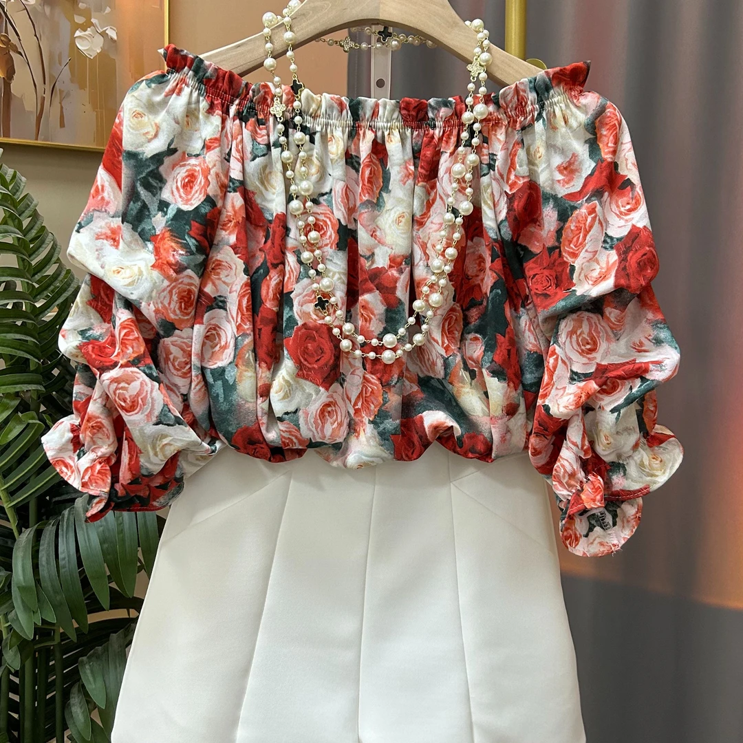 红玫瑰印花圆领一字肩衬衫上衣度假风气质衬衣夏季宽松设计感