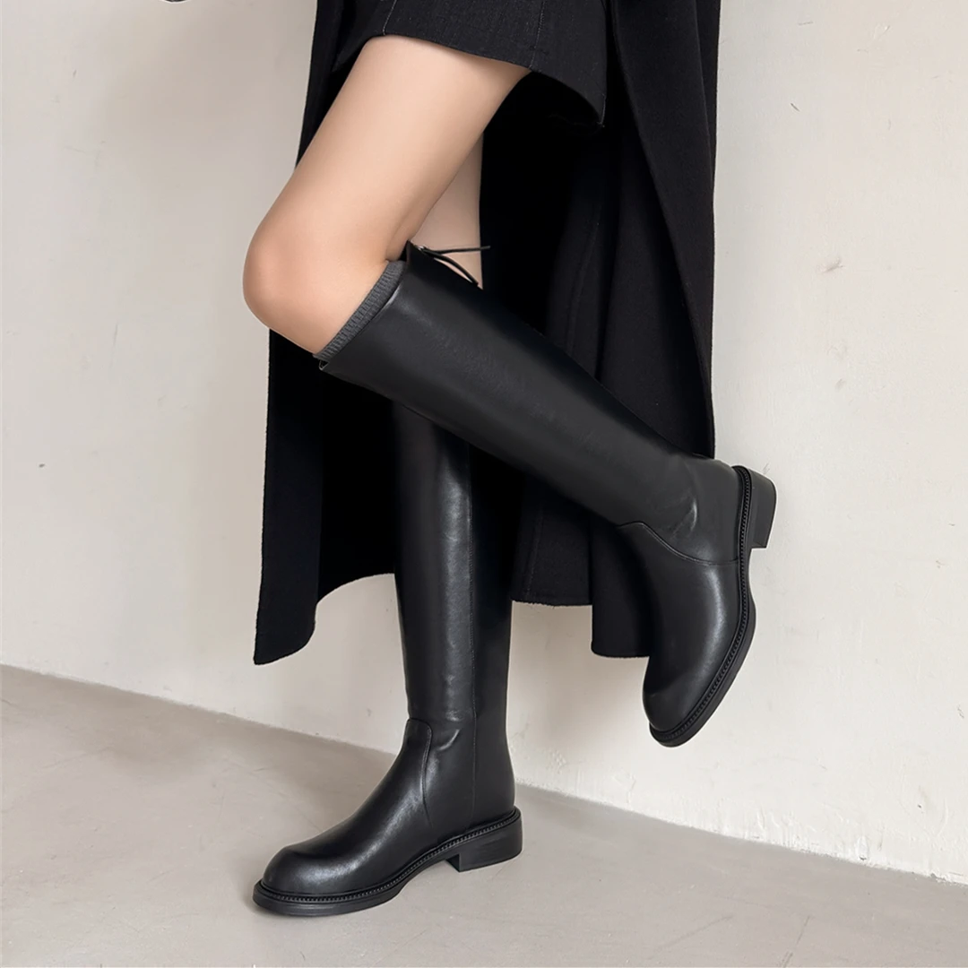 SHIBONI·【3cm】34-41头层牛皮/猪皮/猪皮简约内增高平口长靴女鞋子