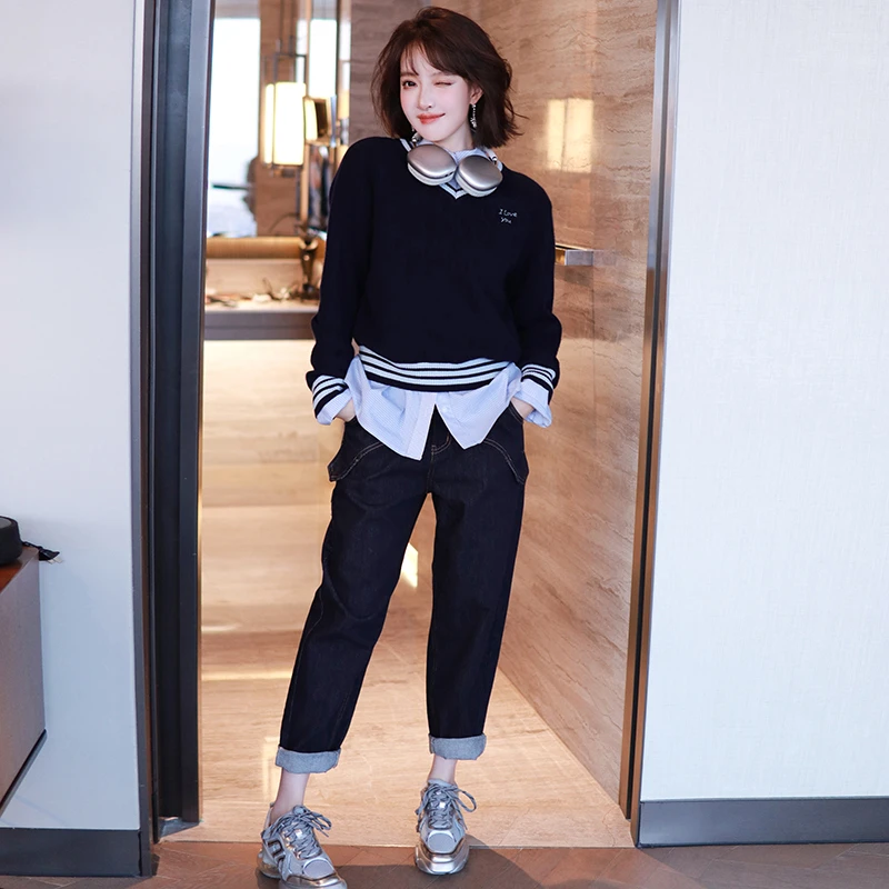 MIUCO窄脚宽直筒牛仔裤