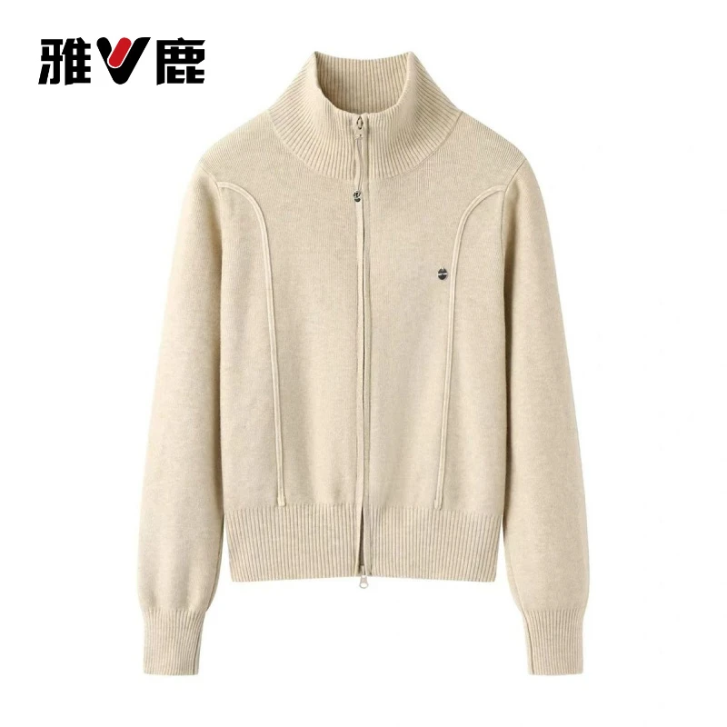 雅鹿女士立领双拉链毛衣外套2025秋冬新款针织开衫时尚螺纹针织打