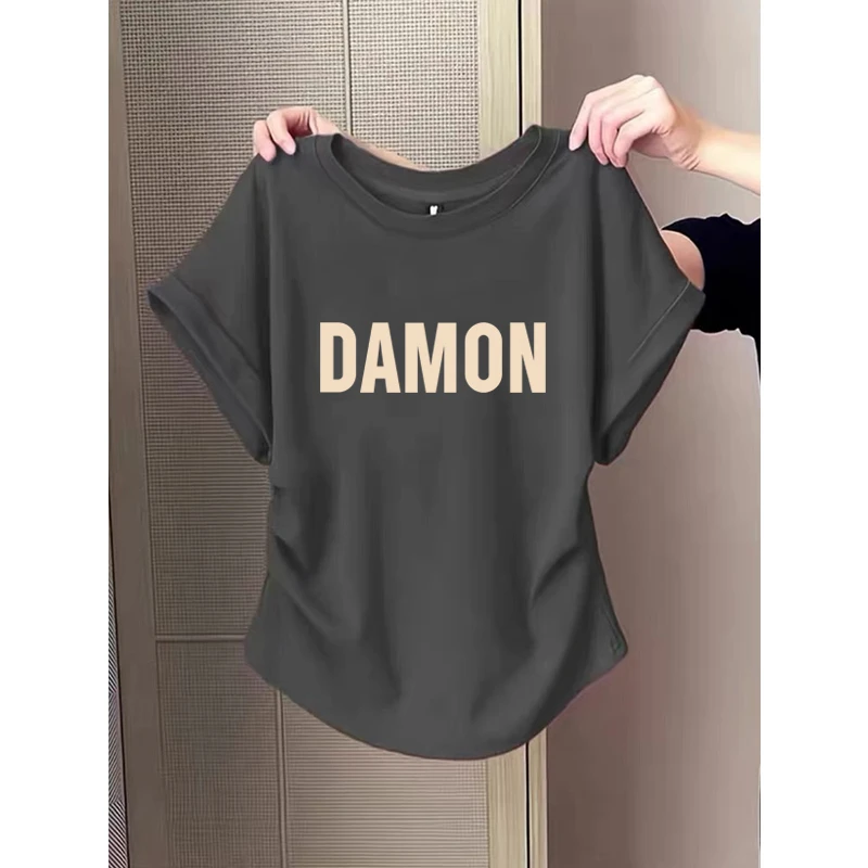 小飞袖褶皱正肩短袖t恤女夏季2025新款设计感收腰显瘦圆领上衣潮