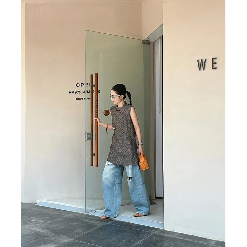 千金贵气名媛风小众女装无袖上衣夏季新款高腰百搭显瘦牛仔裤套装