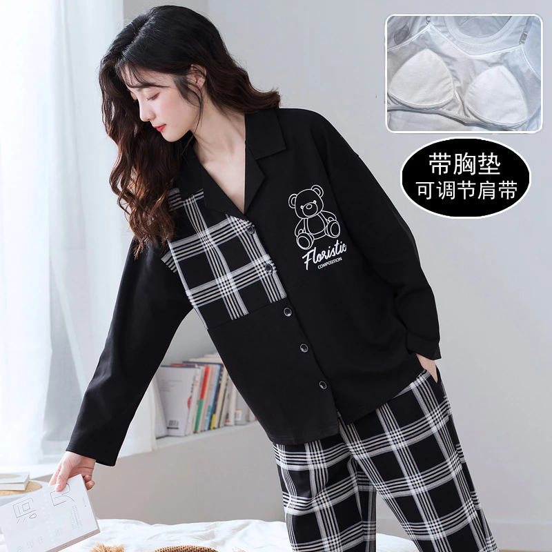 带胸垫睡衣女春秋高级感紧塞纯棉女长袖开衫秋冬可外穿家居服代发