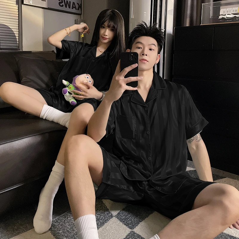 情侣睡衣女款2025新款爆款夏季冰丝加大码短袖男士夏天家居服套装